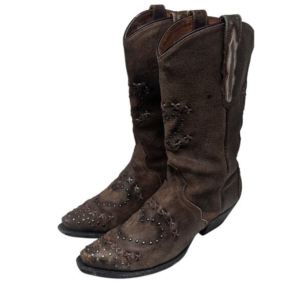 Women Sz 9 M Dan Post Shabby Chic Distressed Studs Chocolate Leather Cowboy Boot - Picture 1 of 10